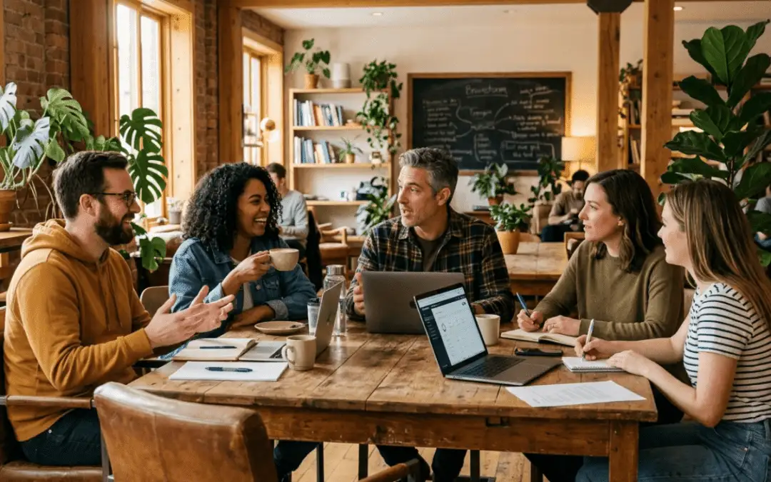 Five people sit around a wooden table in a cosy, plant-filled café, discussing SME health insurance. talking about topics like health insurance over 50. Laptops, notebooks, and coffee cups are scattered on the table, with a chalkboard of notes in the background.