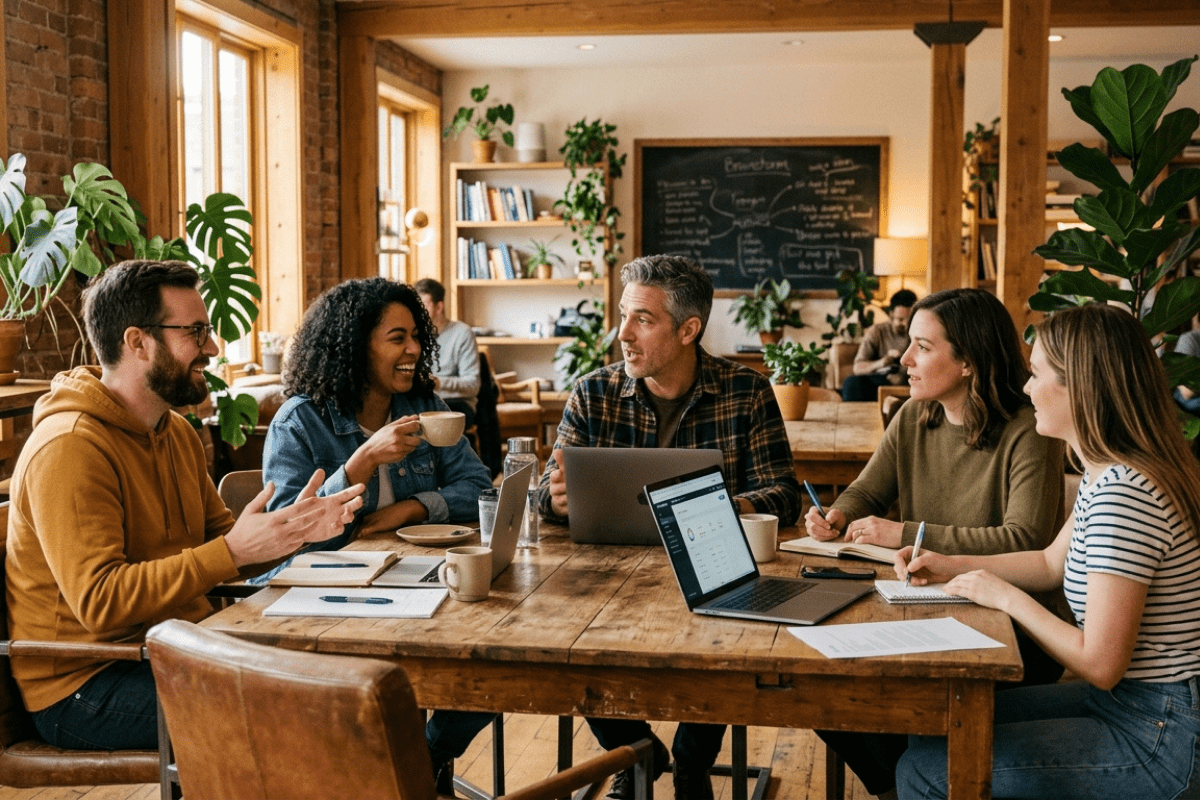 Five people sit around a wooden table in a cosy, plant-filled café, talking about topics like health insurance over 50. Laptops, notebooks, and coffee cups are scattered on the table, with a chalkboard of notes in the background.