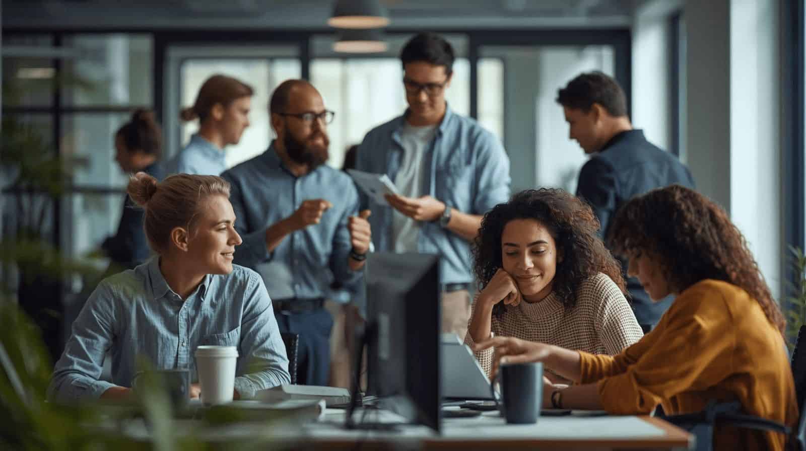 Employees collaborating at desks in a busy open-plan office, some seated working at computers, others standing talking in the background