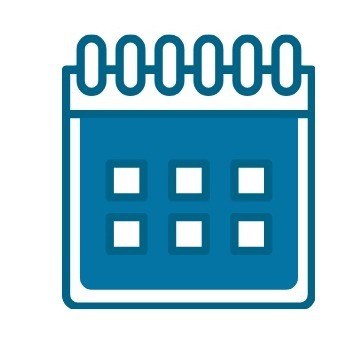 Blue outline icon of a spiral-bound calendar, showing six small squares representing days or dates on its front page.