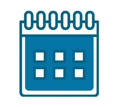 Contact Us Page (Website) - 1 Blue outline icon of a spiral-bound calendar, showing six small squares representing days or dates on its front page.