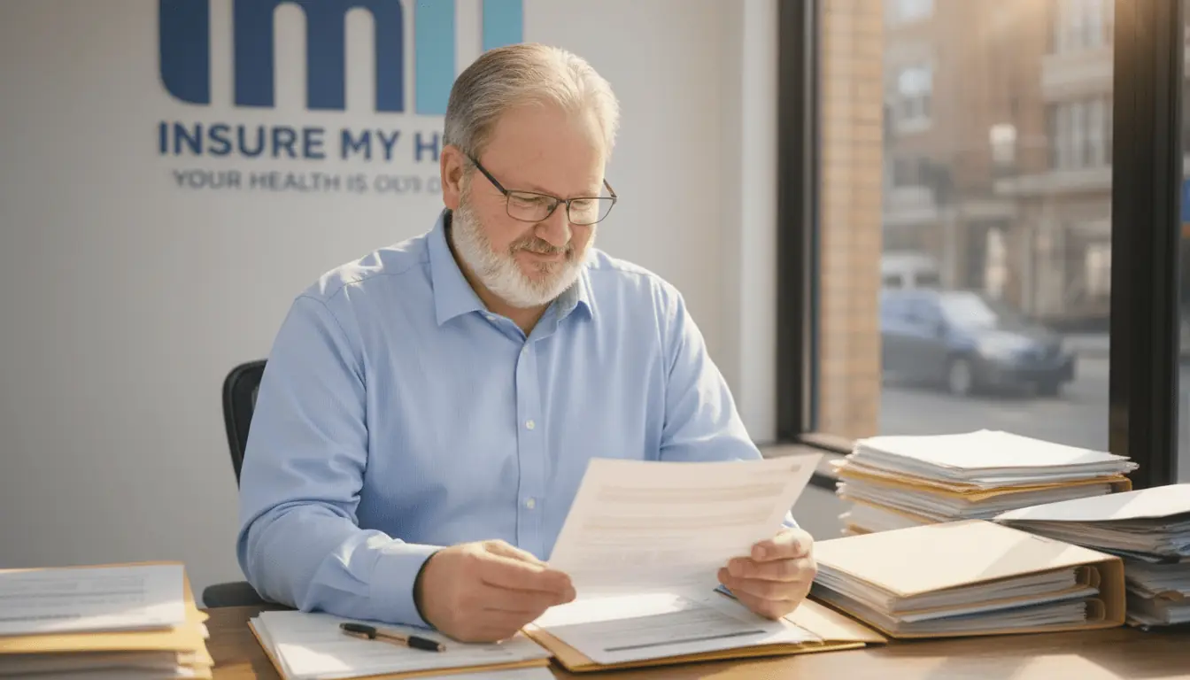 A man with grey hair and glasses sits at a desk in an office, reading a document. Stacks of folders and paperwork surround him. The office has large windows and a sign on the wall reads “INSURE MY HEALTH”.