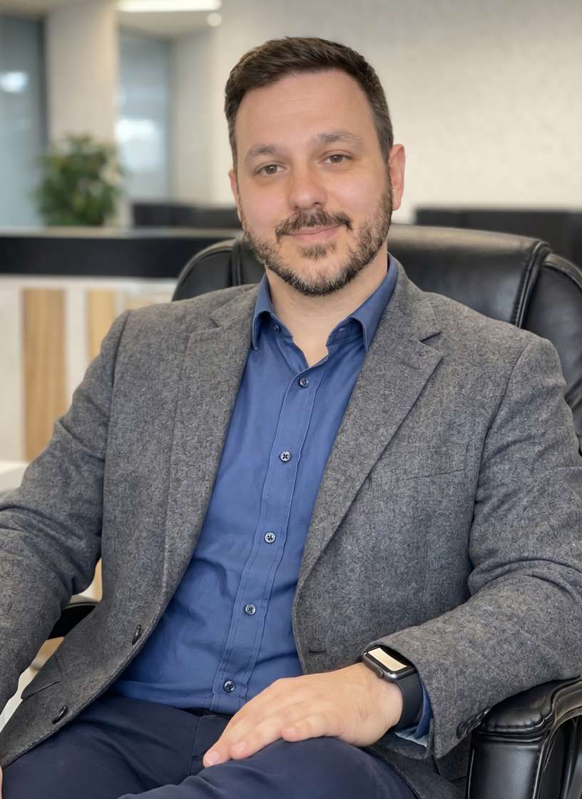 Jacob A man with short dark hair and a beard, wearing a grey blazer and blue shirt, sits in a black office chair, smiling slightly—an approachable face behind Insure My Health. The background shows a modern office with a plant and blurred furniture.