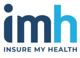Logo with lowercase letters imh in blue, where the i and m are dark blue, and the h is light blue. Below the letters, the words INSURE MY HEALTH appear in dark blue uppercase letters.