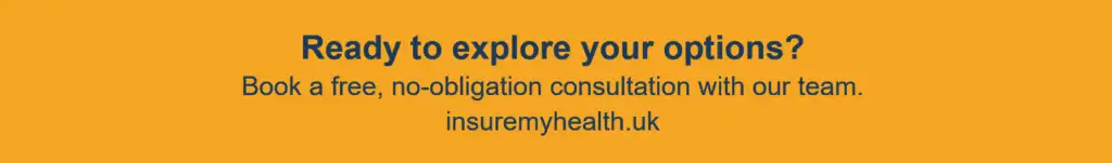 Text on an orange background reads: Ready to explore your SME health options? Book a free, no-obligation consultation with our team. Get your retention report at insuremyhealth.uk.