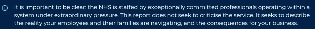 A message highlights NHS staff dedication under pressure, stating the report’s aim is to describe current challenges and business impacts, including effects on family health productivity, not to criticise.