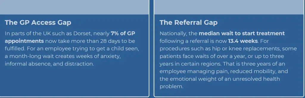 GP Access Gap: 7% of Dorset GP appointments wait 28+ days. Referral Gap: median 13.4-week wait for treatment nationally