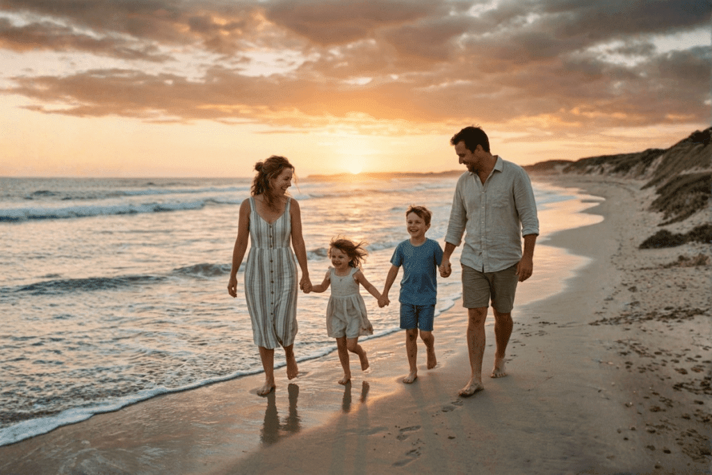 A family of four, two adults and two children, walk hand in hand along a sandy beach at sunset, smiling and enjoying the sea waves—embracing family health and togetherness under a partly cloudy sky.