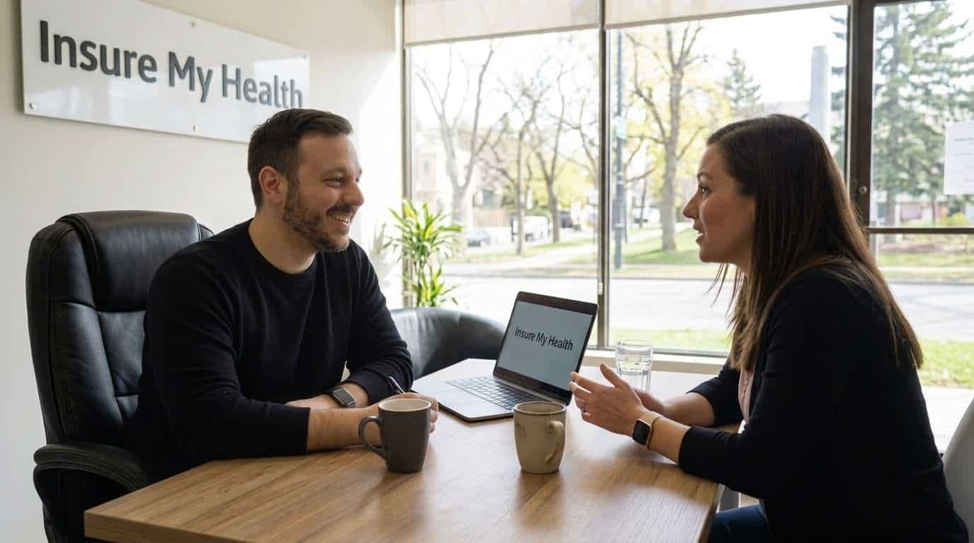 Two people sit at a table in an office with a sign that reads Insure My Health. They are talking, with a laptop and coffee mugs on the table, and large windows in the background. Two people sit at a table in an office with a sign that reads Insure My Health. They are talking, with a laptop and coffee mugs on the table, and large windows in the background.