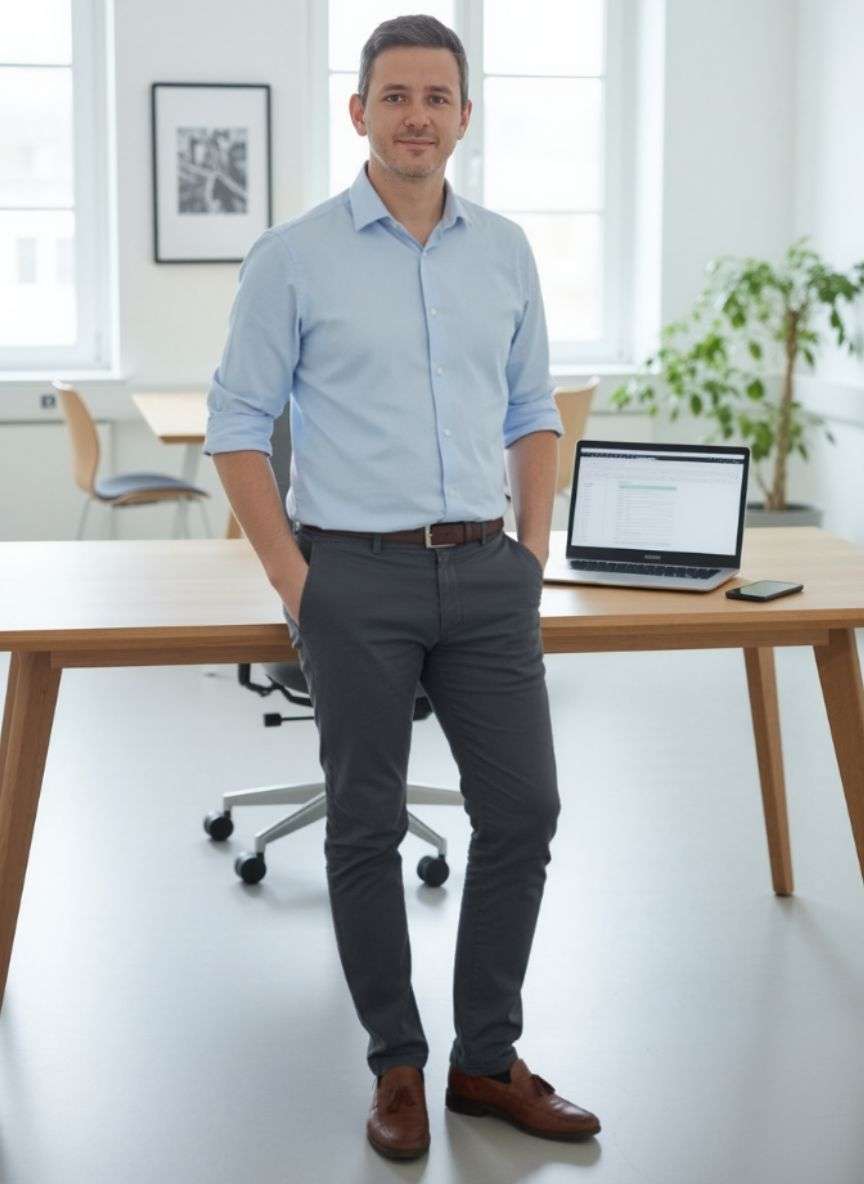 A man in business casual attire stands in a bright office next to a wooden desk with a laptop, phone, and chair. Large windows and a plant are in the background.