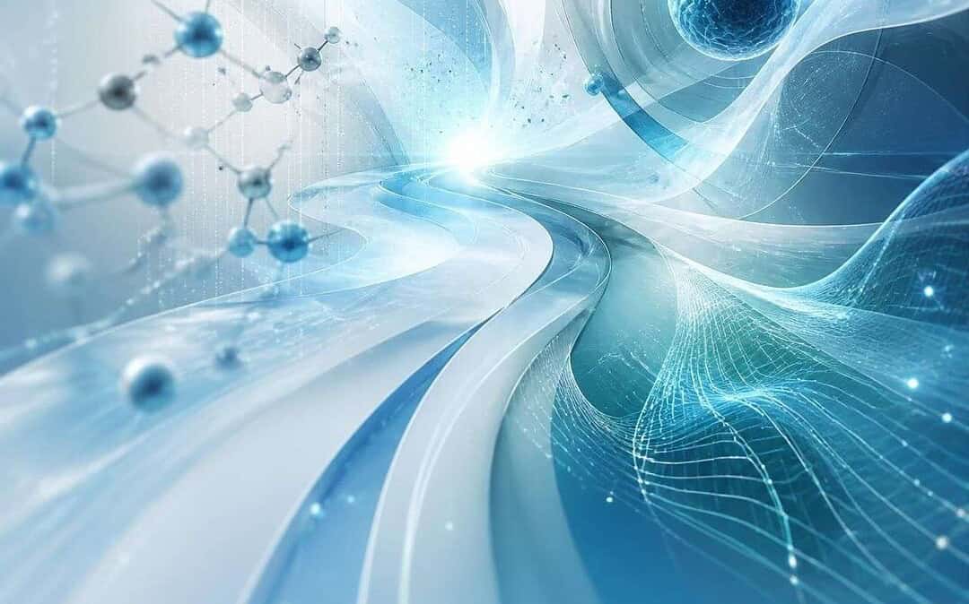 Abstract image featuring swirling blue and white lines, a molecular structure on the left, a cell-like sphere on the right, and a glowing light at the centre, evoking themes of science, technology, biology, and innovative medical therapies.