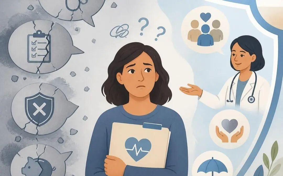 A worried woman holding a health folder stands by cracked icons of healthcare costs and insurance, her concern heightened by pre-existing conditions; a doctor gestures reassuringly beside supportive health symbols.