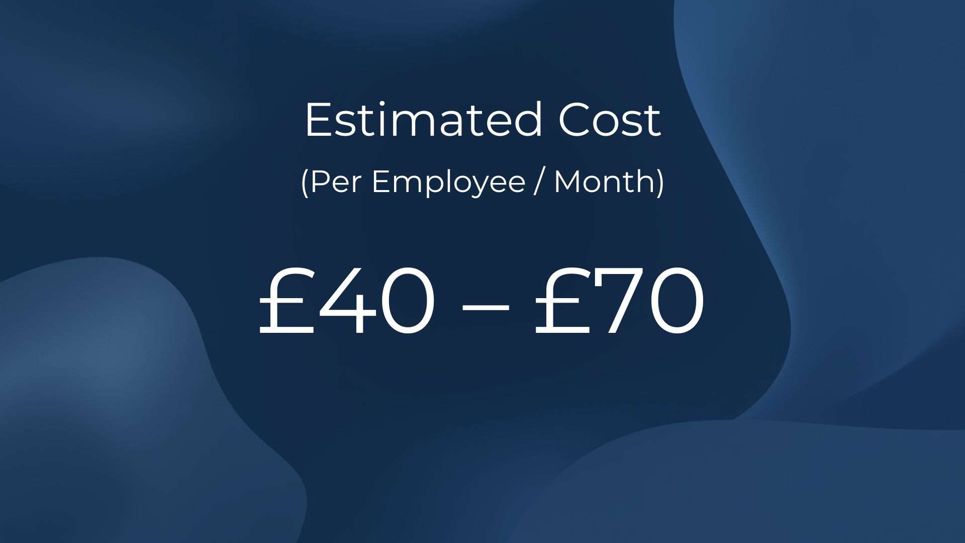 Text on a blue abstract background reads: Estimated Cost (Per Employee / Month) £40 – £70.