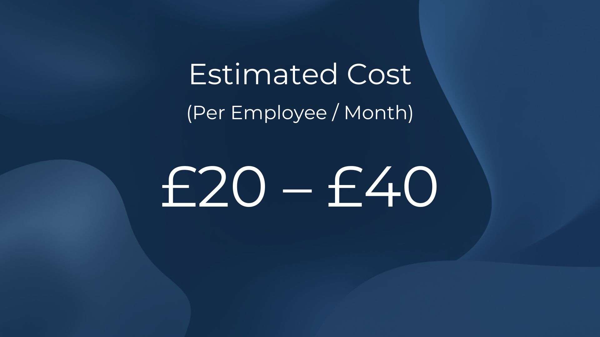 Text reads Estimated Cost (Per Employee / Month) £20 – £40 on a dark blue abstract background.