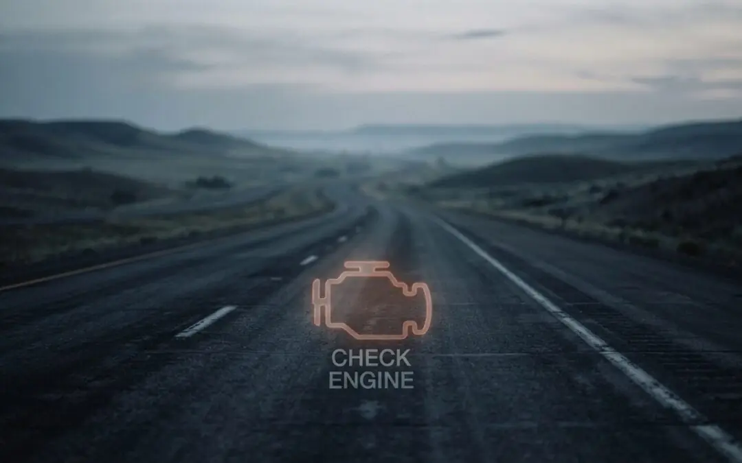 An empty motorway stretches into distant hills at dusk, with a glowing orange check engine light symbol and text—“It’ll-Probably-Go-Away”—superimposed in the centre of the road, subtly hinting at the trap of ignoring warning signs for too long. Depicting The Quiet Habit costing men their health