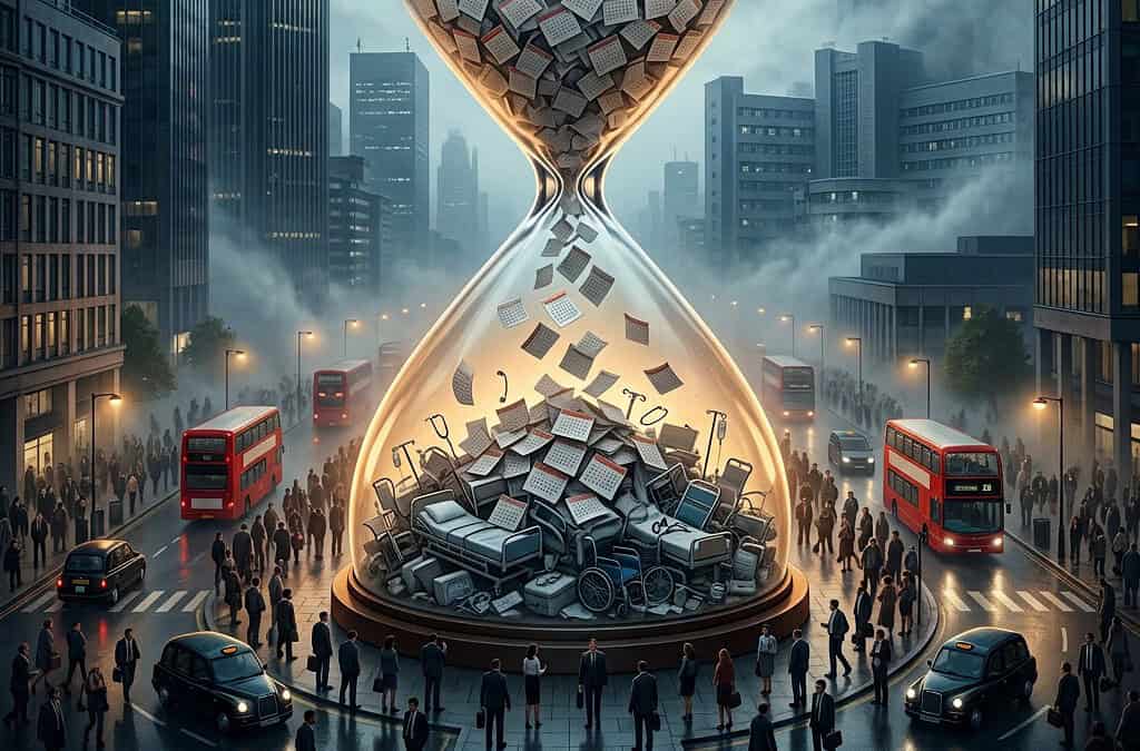 A giant hourglass sits in a city street, with business people and calendar pages in the top bulb, and hospital equipment representing the NHS waiting crisis alongside more diary pages in the bottom bulb.