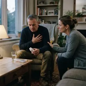 A man sits holding his chest and pill bottle, looking distressed, perhaps caught in the It’ll-Probably-Go-Away Trap. A woman beside him offers comfort by touching his arm, as a glass of water and pill organiser rest on the table in their cosy living room.