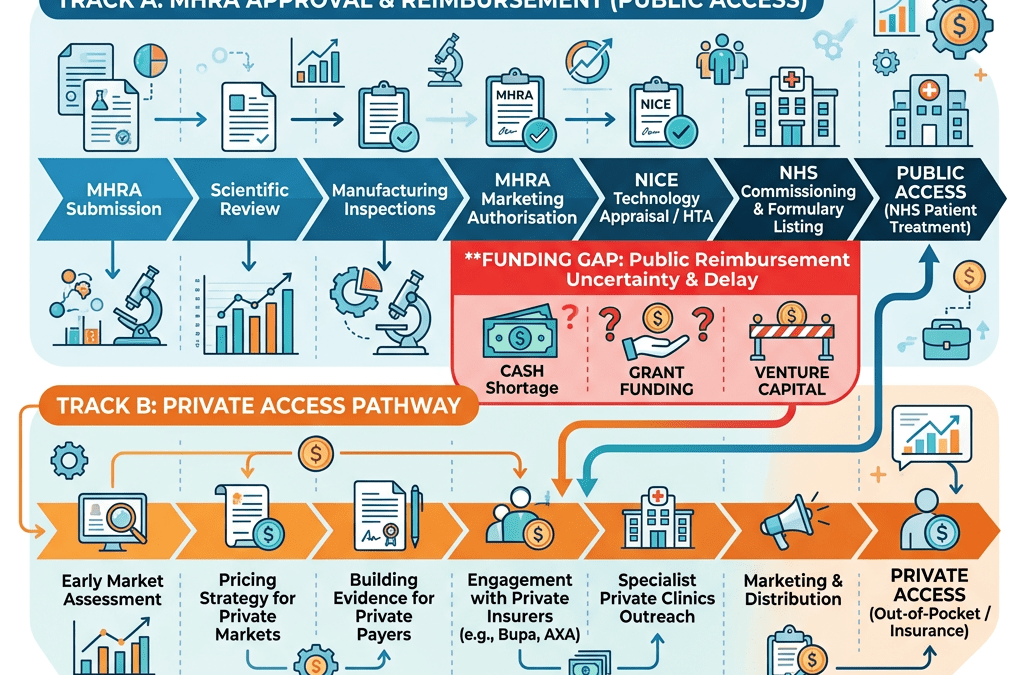 Flowchart showing two tracks for medical product approval and access including MHRA approval, NICE appraisal, NHS listing, and private access pathway steps. Medical Therapies