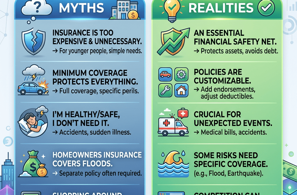 Looking at the myth of whether pre-existing conditions have an effect on you having private health care.Comparison of insurance myths and realities listing five myths and their corresponding realities about insurance coverage, costs, and risks.