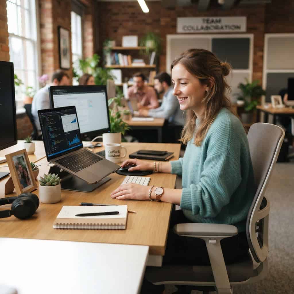 A woman smiles while working at a computer desk in a modern office, with colleagues collaborating in the background. Her desk has a laptop, monitor, notebook, coffee mug, and family photo.
