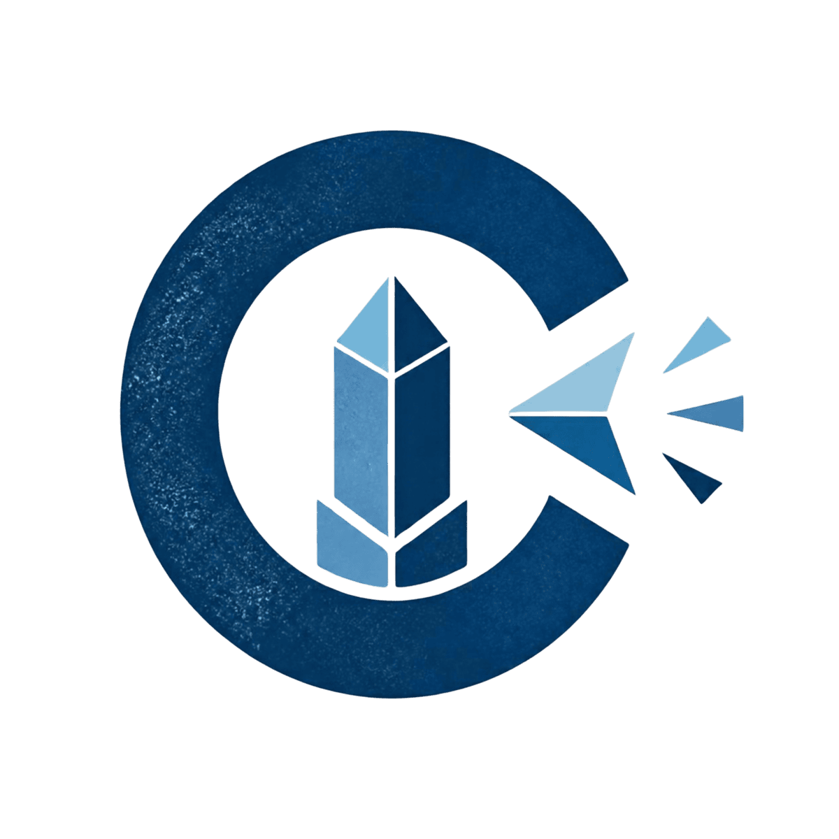 A blue circular logo featuring a stylised crystalline tower in the centre, with geometric shards emerging from the right side.