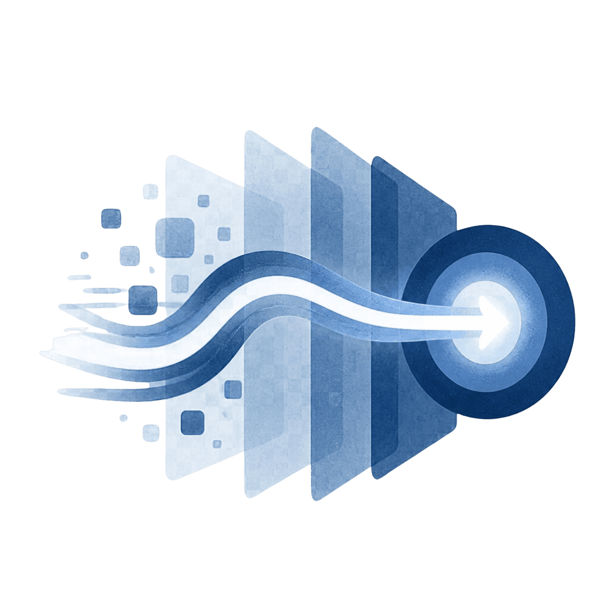 A glowing arrow travels through a series of blue translucent layers towards a target.