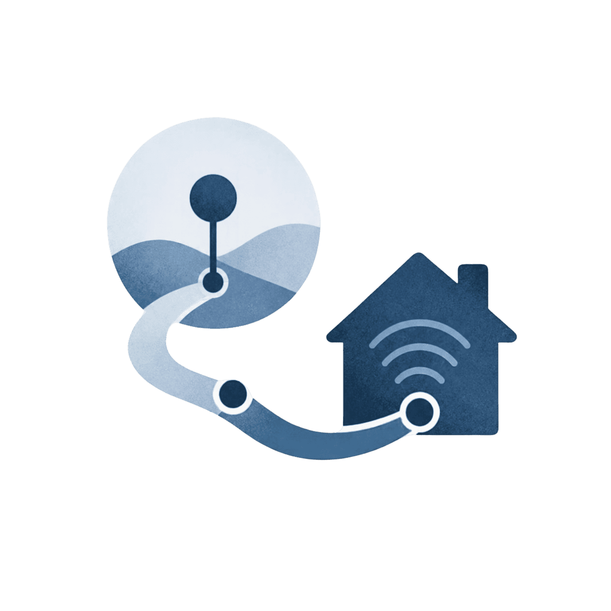 An icon showing a path connecting a map marker on a landscape to a house with a Wi-Fi signal symbol.