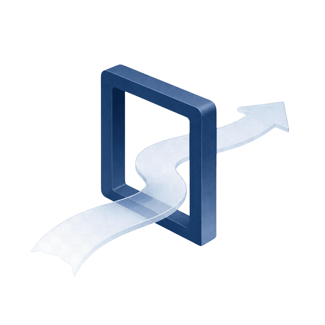 A translucent arrow passing through a dark blue rectangular frame.