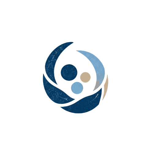 Abstract circular logo featuring three nested circles in blue and beige tones surrounded by curved, weathered shapes.