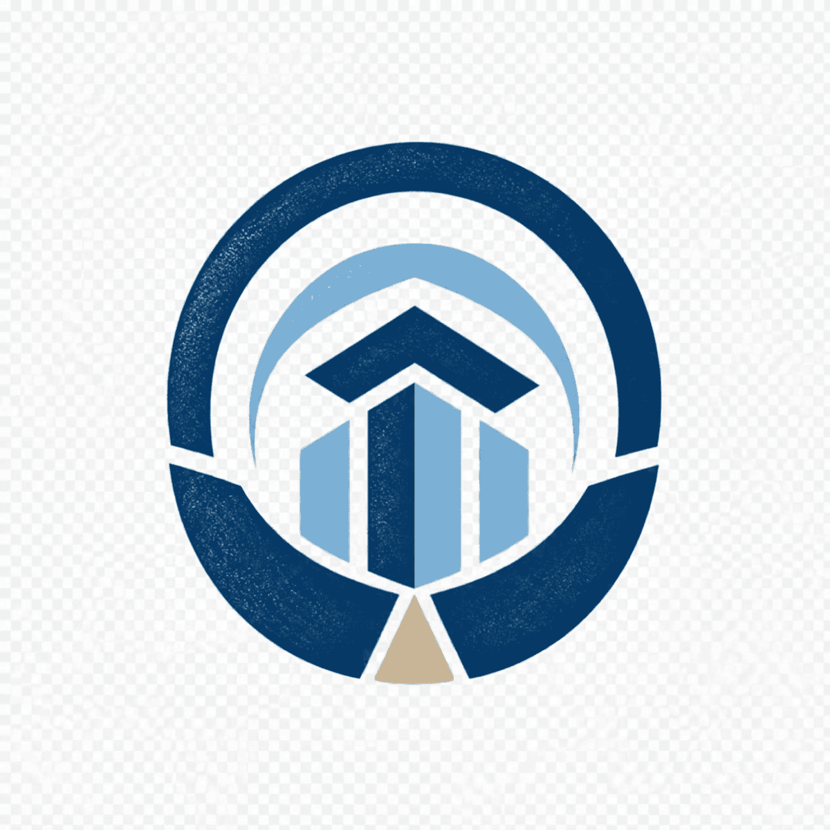 A circular logo featuring a stylised building or pillar icon in shades of blue and tan, enclosed by a dark blue arched frame.