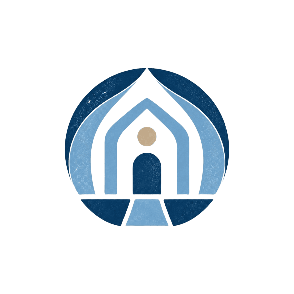 A circular logo featuring a stylised archway with a small circle at the top, layered in shades of blue.