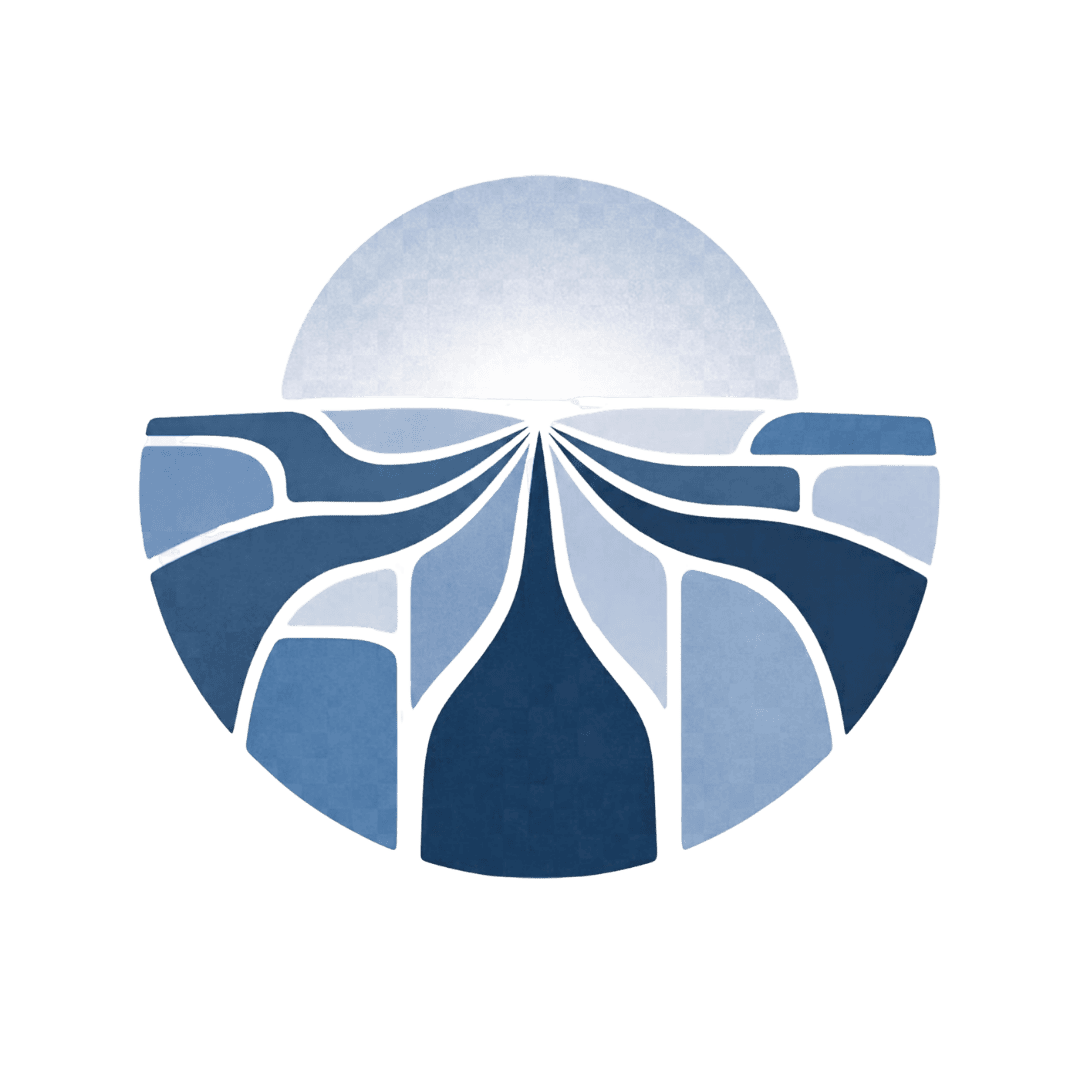 A circular graphic depicting a horizon line with blue water flowing towards a central point under a pale sun.