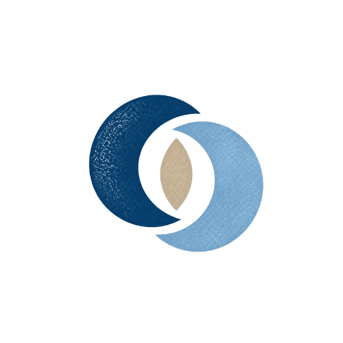 Abstract circular logo featuring three nested circles in blue and beige tones surrounded by curved, weathered shapes.