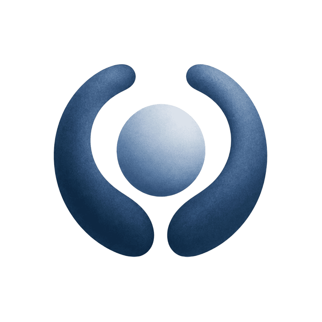A circular logo featuring a central sphere partially enclosed by two curved, crescent-like shapes in shades of blue.