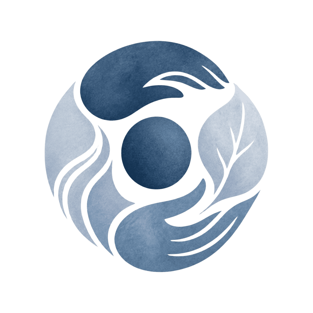 Watercolour circular logo featuring a central dark blue circle surrounded by stylised hands, water, and leaf shapes in shades of blue.
