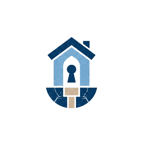 Abstract circular logo featuring three nested circles in blue and beige tones surrounded by curved, weathered shapes.