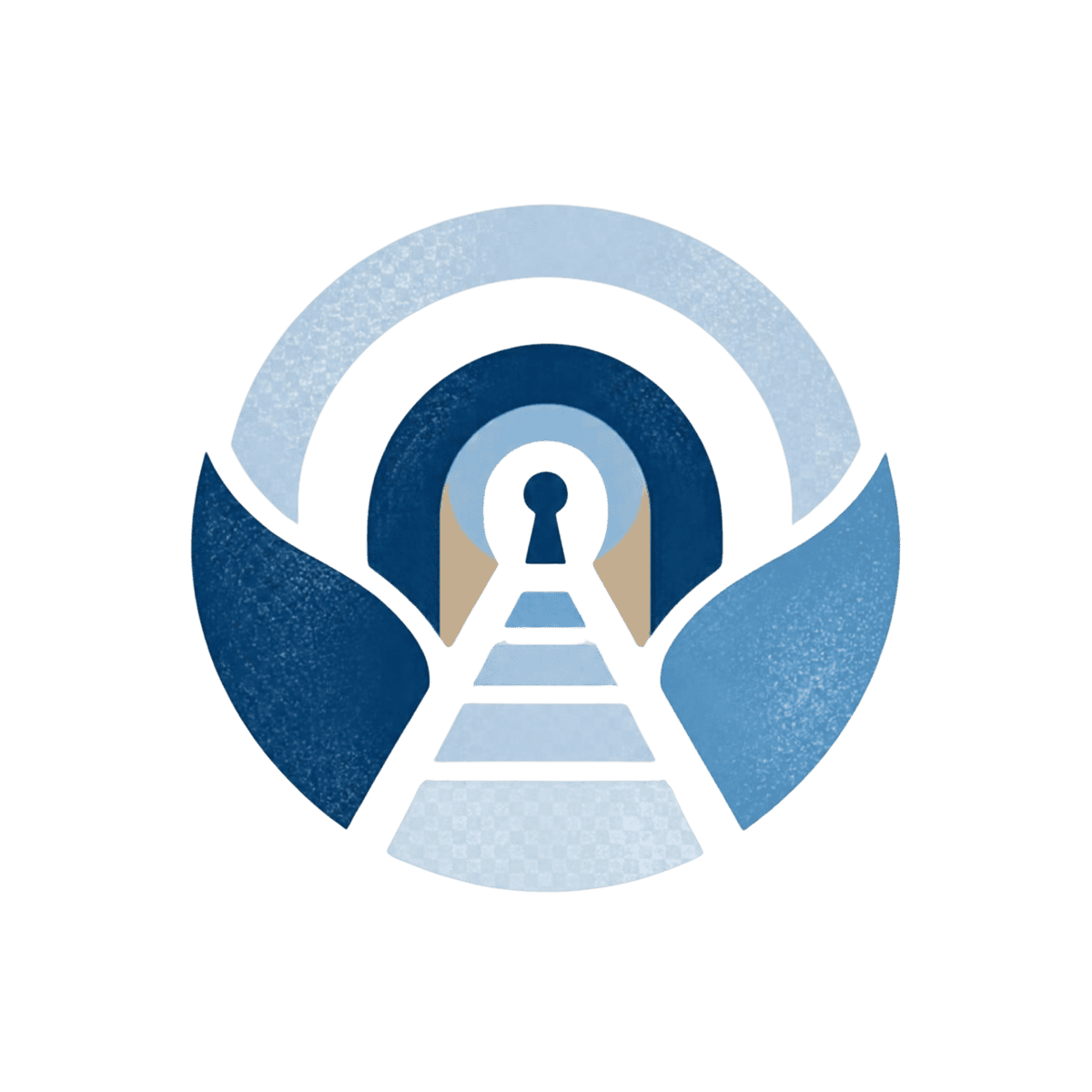 A circular logo featuring a path leading towards a keyhole-shaped opening inside a tunnel, flanked by two abstract blue shapes.