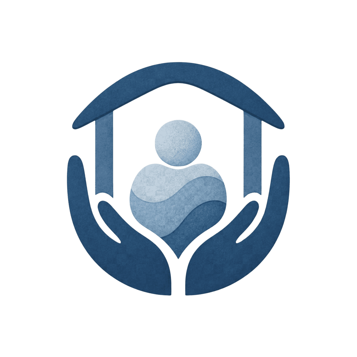 Icon of two hands cupping a stylised figure sheltered by a roof.