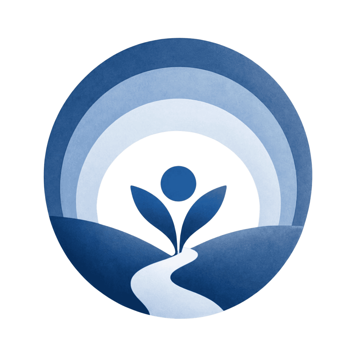 A circular logo featuring a stylised plant figure growing from a path between two hills, beneath a multi-toned blue sky.