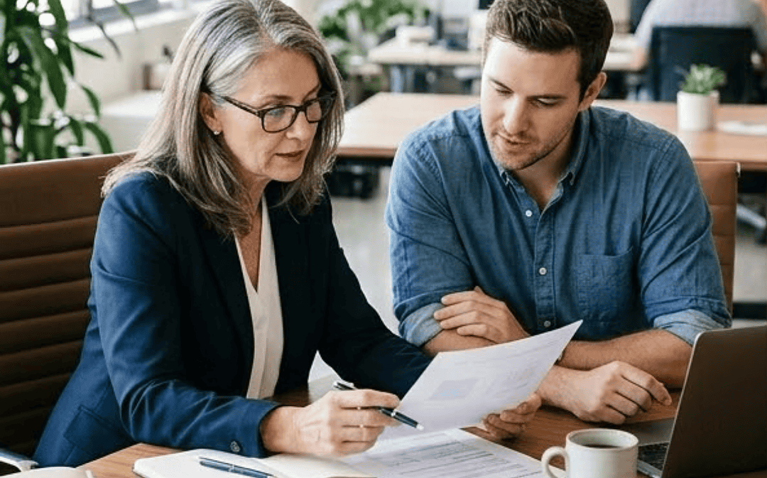 A woman and a man sit at a wooden desk in an office, reviewing documents together.