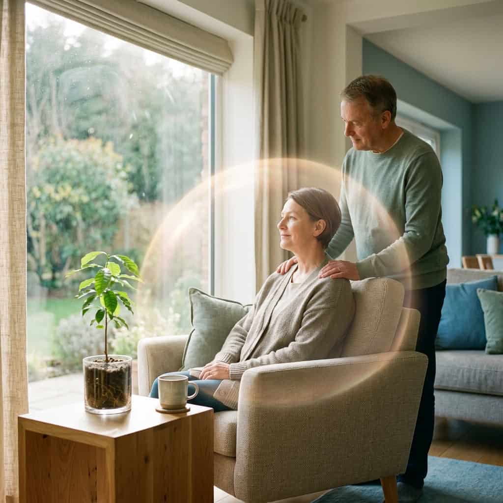 A man stands behind a woman sitting in an armchair, resting his hands gently on her shoulders as they both look out of a large window. A man stands behind a woman sitting in an armchair, resting his hands gently on her shoulders as they both look out of a large window.