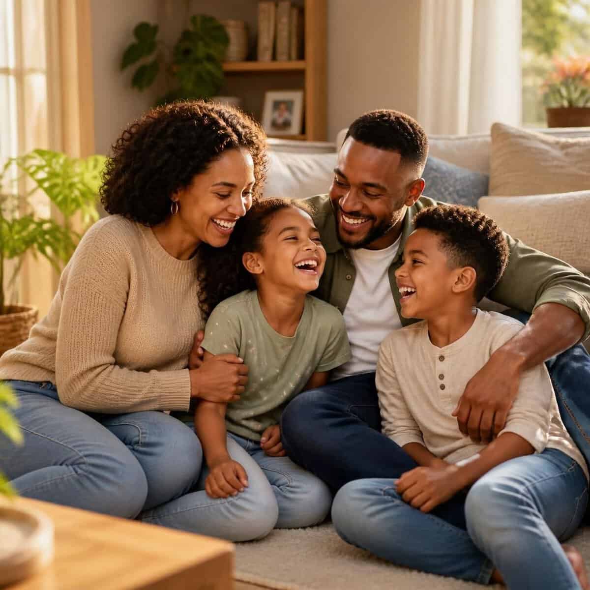 A family of four sitting on a lounge floor, laughing and hugging together.